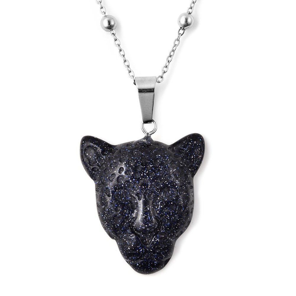 Leopard Head Pendant With Necklace 24 Inches Blue Goldtone